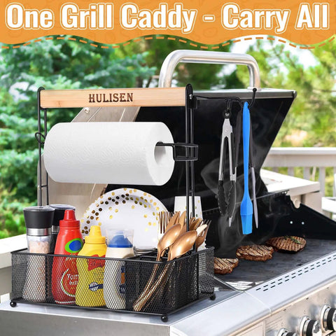Grill Caddy With Built In Paper Towel Holder For Outdoor BBQ Grilling And Tailgating, Multi Pocket Organizer on grill