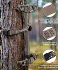 Lightweight 17.5 Inch Aluminum Climbing Sticks for Hunting with non-slip steps, secured against tree using durable webbing and buckle.