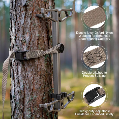 Lightweight 17.5 Inch Aluminum Climbing Sticks for Hunting with non-slip steps, secured against tree using durable webbing and buckle.