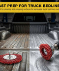Close-up of Six Piece Coarse Abrasive Nylon Bristle Cup Brush Set With 1/4 Inch Hex Shank for angle grinders on truck bed surface