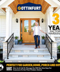 Built Tough Adjustable Wrought Iron Stair Handrail For Outdoor Steps With Handy Hook Setup And Heavy Duty Powder Coat For A Rock Solid Grip On Any Exterior Staircase near entryway with a man.