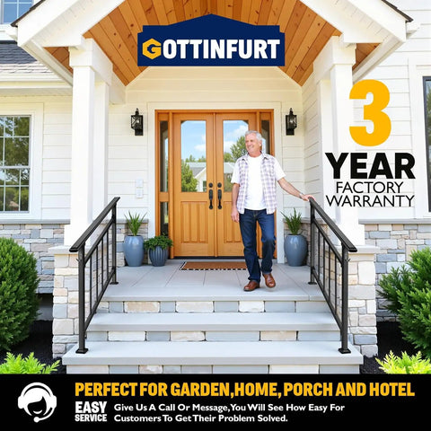 Built Tough Adjustable Wrought Iron Stair Handrail For Outdoor Steps With Handy Hook Setup And Heavy Duty Powder Coat For A Rock Solid Grip On Any Exterior Staircase near entryway with a man.