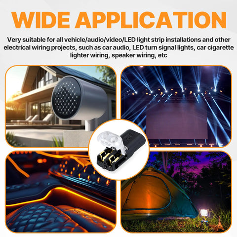 Plug In Wire Connectors With Locking Buckle Two Pin Double Wire Connector No Stripping Solderless For Low Voltage LED Strip Lights Landscape And Automotive Polycarbonate 300V 9A AWG 22 18 See Through Cap in various installations