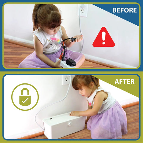 Kid using power strip with and without Kid Safe Power Strip Cover With Dual Lock And Side Openings For Cords, Large 13.3 Inch Box