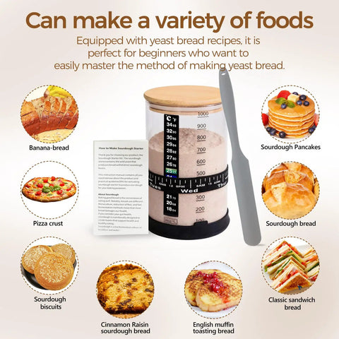 Pro Sourdough Bread Starter Kit With 34 Oz Jar Funnel Opening Silicone Cover and recipe cards for diverse sourdough foods
