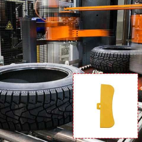 Tire Changer Protective Cover And Guard For Auto Shop Pros, Yellow Tire Machine Shield next to mounted tires