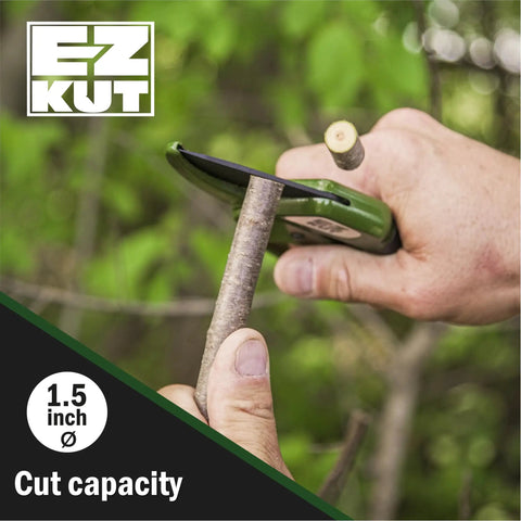 Heavy Duty Ratcheting Pruning Shears cutting 1.5-inch thick branch, green handle visible, SK5 steel blades, gardening tool