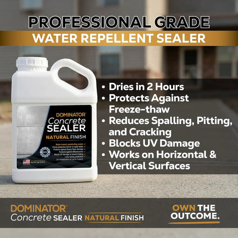 Heavy Duty Penetrating Concrete Sealer For Driveway One Gallon Water Based Paver Protectant Outdoor Waterproof Natural Finish Silane Formula For Garage Floors Patios Pool Decks Built Like A Tank Long Lasting Shield in white container.