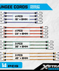 14 Piece Heavy Duty Bungee Cord Kit with 18 Inch 24 Inch 30 Inch and 40 Inch Cords with Hooks for cars and outdoor use shown in packaging.