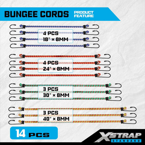 14 Piece Heavy Duty Bungee Cord Kit with 18 Inch 24 Inch 30 Inch and 40 Inch Cords with Hooks for cars and outdoor use shown in packaging.