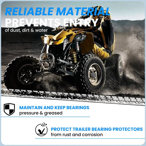 Off-road vehicle showcasing 1.98 Inch Grey Rubber Trailer Wheel Hub Dust Caps 4 Pack Replacement Bearing Protectors in action.