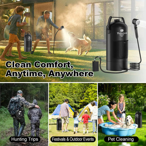 On The Go Solar Heated Camp Shower Bag 5 Gal 20L With Foot Pump Portable Outdoor Shower With Shower Head And Sprayer, Black