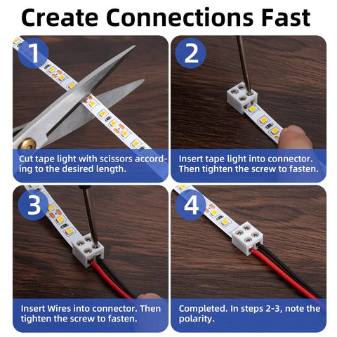 Four-step process using Forty Pack 2 Pin 8mm LED Strip Connectors Solderless Screw Terminal Wire To Strip Connector for LED tape lights.