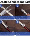 Four-step guide showing how to use Two Pin Solderless LED Strip Connectors That Fit 8mm Strips 60 Piece Set for quick DIY installation.