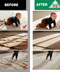Before and after of 16 Pack Non Slip Carpet Tape and Rug Pads for Area Rugs on Hardwood Floors, showing grip impact on toddler and rug.