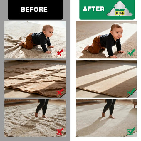 Before and after of 16 Pack Non Slip Carpet Tape and Rug Pads for Area Rugs on Hardwood Floors, showing grip impact on toddler and rug.