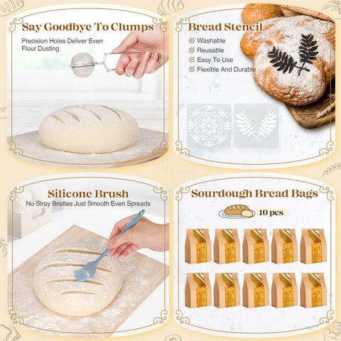 Image showing features of All In One Sourdough Starter Kit For Home Bakers with proofing baskets, stencil, and silicone brush in use.