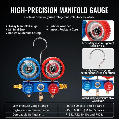 Pro Grade HVAC Vacuum Pump And Gauge Kit with 3-way manifold gauge, red and blue dials, aluminum alloy body; for R134a, R22, R410a, R404a.