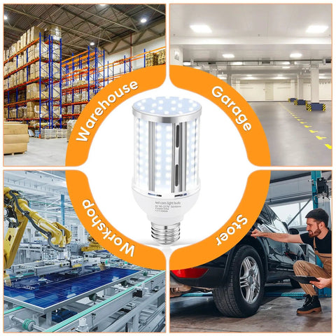 Six Pack 54W LED Corn Light Bulbs With E26 E27 Medium Base, 6800 Lumens, 5000K Daylight, 480W Equivalent, fanless design.