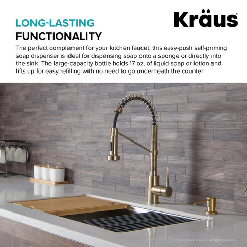 Brushed Brass Multi Purpose Kitchen Soap And Lotion Dispenser With Self Priming Pump next to modern kitchen faucet