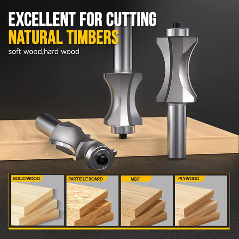 Premium Three Piece Convex Edge Oval Router Bit Set With One Half Inch Shank And Shallow Bullnose Profile for cutting wood.