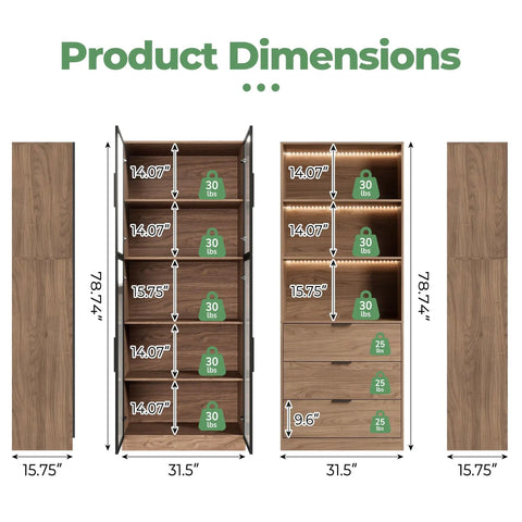 Product dimensions for Walnut Display Cabinet With Glass Doors And Three Drawers App Controlled LED Lights Tall Bookcase Storage