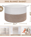 XXL Cotton Rope Blanket Basket With Handles For Living Room Storage 21.7 Inches Square And 13.8 Inches Tall Handwoven