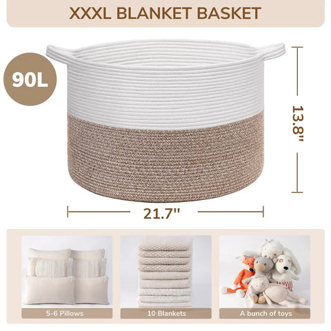 XXL Cotton Rope Blanket Basket With Handles For Living Room Storage 21.7 Inches Square And 13.8 Inches Tall Handwoven