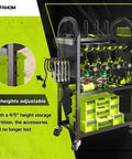 Power Tool Organizer Cart With Charging Station And Battery Charger Mobile Rolling Workshop Cart On Wheels With Locking Swivel Casters Holds Eight Drills Utility Cart With Eight Outlet Power Strip For Garage Storage