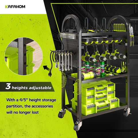 Power Tool Organizer Cart With Charging Station And Battery Charger Mobile Rolling Workshop Cart On Wheels With Locking Swivel Casters Holds Eight Drills Utility Cart With Eight Outlet Power Strip For Garage Storage