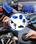 Car detailing tools from 45 Piece Car Detailing Kit Beast With Pro Brush Set, showcasing towel, wash mitt, brushes, and applicator.