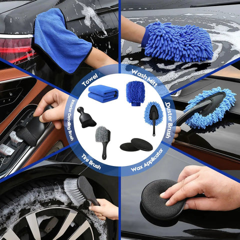 Car detailing tools from 45 Piece Car Detailing Kit Beast With Pro Brush Set, showcasing towel, wash mitt, brushes, and applicator.