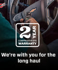 Driver holding remote in truck, Wireless Onboard Air Compressor With EZ Mount Bluetooth App Control And LCD Presets Quick Battery Install