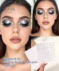 Stick On Acrylic Fake Piercings Kit With Lip Studs, Eyebrow And Nose Piercing, Non Piercing Face Jewelry, Adhesive Piercing Balls, Clear CZ Options, Easy Clip Attach, Multiple Styles For A Bold, Trendy Look. Stick-on clear CZ face jewelry on model and sheets.