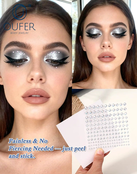 Stick On Acrylic Fake Piercings Kit With Lip Studs, Eyebrow And Nose Piercing, Non Piercing Face Jewelry, Adhesive Piercing Balls, Clear CZ Options, Easy Clip Attach, Multiple Styles For A Bold, Trendy Look. Stick-on clear CZ face jewelry on model and sheets.