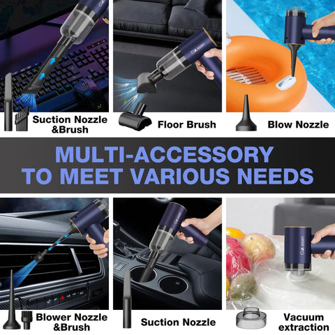 4 In 1 Cordless Car Vacuum Cleaner, Mini Handheld 12000Pa Suction, 120W High Power, Rechargeable, with accessories shown in use.