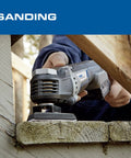 Badass 20V Cordless Oscillating Multi-Tool Kit With 2.0Ah Battery And Fast Charger in use for sanding a wood surface.