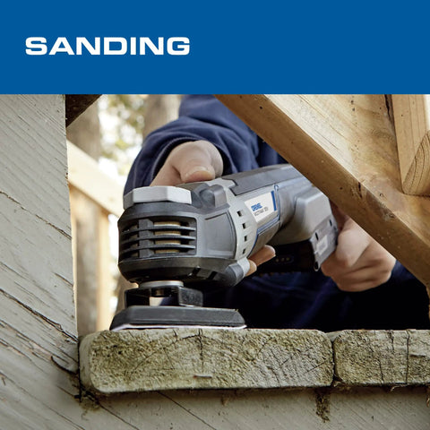 Badass 20V Cordless Oscillating Multi-Tool Kit With 2.0Ah Battery And Fast Charger in use for sanding a wood surface.