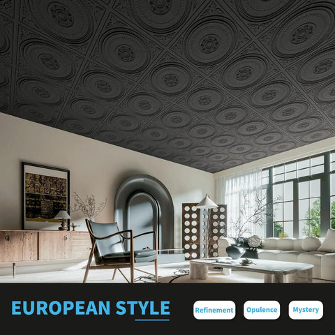 12 Pack Drop Ceiling Tiles 2x2 Ft Dope Black PVC Panels For Interior Kitchen Bathroom Basement Easy Install Waterproof Lightweight 24x24 Inch Decorative Ceiling Tiles For T Bar Grids