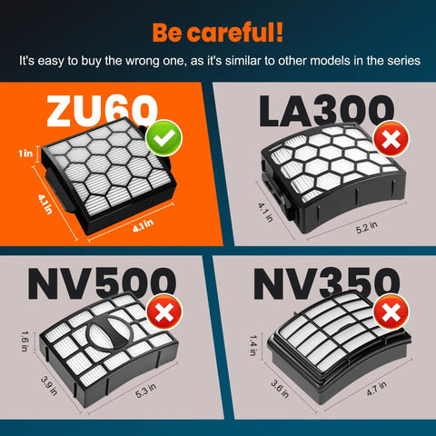 Diagram showing vacuum filter sizes and compatibility. ZU60 filter highlighted as compatible with NV250; others marked incorrect.