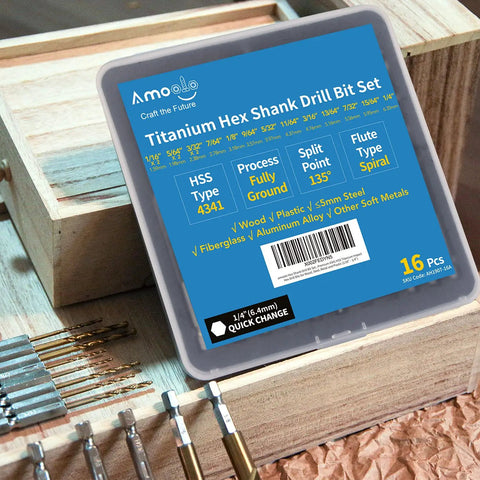 Sixteen Piece Hex Shank Drill Bit Set With Titanium HSS Twist Impact Bits For Metal Steel Wood And Plastic Quick Change Design