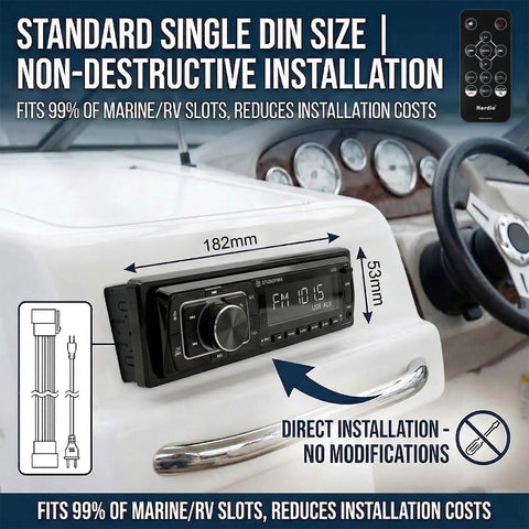Single Din Bluetooth 5.1 Marine Car Stereo Receiver With 240W Power installed in boat dashboard showing dimensions.
