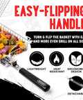 Grill Basket Set For Barbecue Lovers with easy-flipping handle, showing veggies in stainless steel tray, lightweight and heat resistant.