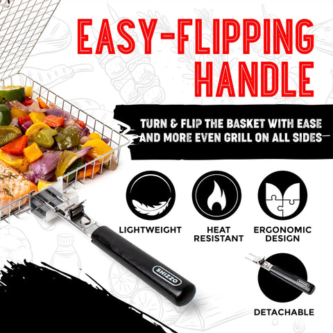 Grill Basket Set For Barbecue Lovers with easy-flipping handle, showing veggies in stainless steel tray, lightweight and heat resistant.