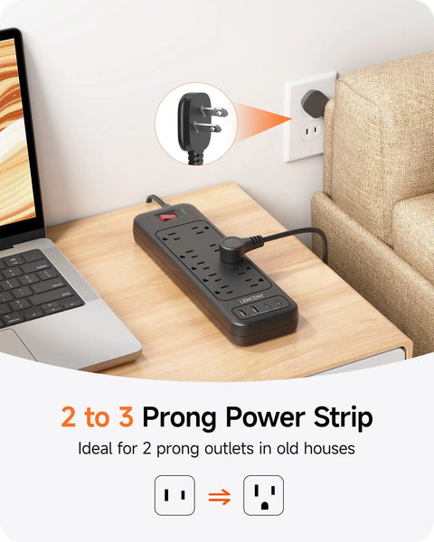 Flat Plug Power Strip With Surge Protector 1700J Converts 2 Prong To 3 Prong Outlets on desk near laptop and couch