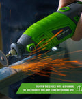 Side view of green PHALANX rotary tool with grinding wheel, sparking on metal workpiece.