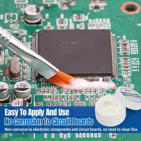 Applying 9570 Rosin Soldering Paste Flux No Clean For Electronics on circuit board with brush, 2.29oz jar shown