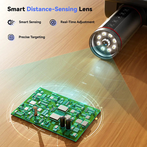 Autofocus 4K Digital Microscope With 8 Inch Screen And HDMI Output Pro Grade Soldering Microscope With Flexible Arm AI Auto Focus 52MP LCD Display Great For Electronics Repair Coins And Precision Work showing PCB inspection and distance sensing