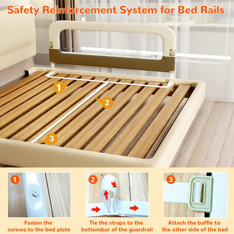 Assembly instructions for 32 Inch Adjustable Folding Bed Rail Guard For Toddlers And Babies, showing fastening straps and screws.
