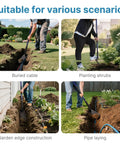 Heavy Duty 4 Inch Trench Shovel With Blue Fiberglass Handle For Narrow Trenching And Digging In Rocky Soil, 56 Inch Professional Grade Tool For Irrigation, Gardening And Landscaping used in various scenarios like cable burying, shrub planting, garden edging, and pipe laying in rocky soil.